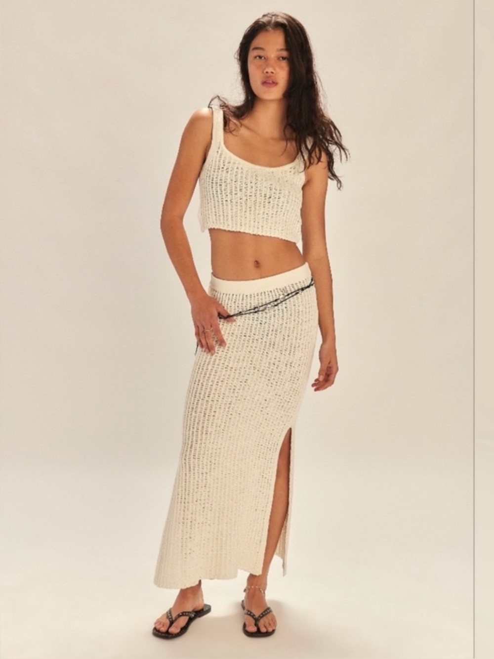 Free People Ivory 2 Piece Sleeveless Knit Crop Top & Skirt Set XL